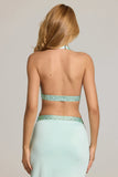 Embellished Deep Plunge Halterneck Top in Aqua Blue