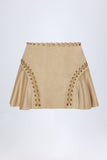 Lace Up Mid Rise Mini Skirt in Tan