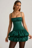 Satin Bubble Hem Corset Mini Dress in Emerald Green