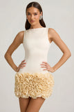 Satin Floral Appliqué Open Back Mini Dress in Ivory