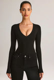 Modal Plunge Long Sleeve Bodysuit in Black