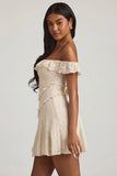 Off Shoulder Lace A Line Mini Dress in Ivory