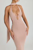 Scarf Detail Cut Out Halterneck Maxi Dress in Warm Peach