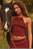 Ruffled High Neck Backless Top in Burnt Red