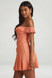 Off Shoulder Lace A Line Mini Dress in Peach