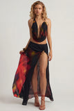 Mid Rise Split Maxi Skirt in Red Blurred Print