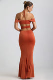 Slinky Jersey Cut Out Halterneck Gown in Burnt Orange