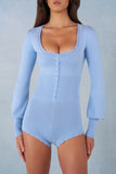 Knit Long Sleeve Romper in Soft Blue