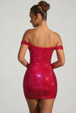 Embellished Off Shoulder Mini Dress in Crimson Red