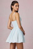 Bow Detail A Line Mini Dress in Powder Blue Stripe