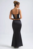 Mid Rise Fishtail Maxi Skirt in Black