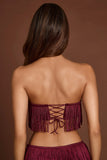 Fringed Bandeau Lace up Crop Top in Wine Red
