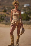 Ruffled Lace Up Corset Playsuit in Tan
