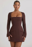 Square Neck Structured Tulip Mini Dress in Chocolate Brown