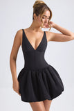 Lace Up Bubble Hem Corset Micro Mini Dress in Black