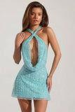 Embellished Cowl Neck Backless Mini Dress in Aqua Blue