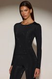 Embellished Crew Neck Long Sleeve Top in Black