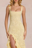 Lace Ruffle Maxi Dress in Lemon Yellow