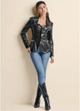 Snake Embossed Faux Leather Embellished Blazer Black