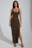 Embellished Scoop Neck Thigh Split Maxi Dress in Brown