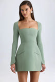 Square Neck Structured Tulip Mini Dress in Khaki Green