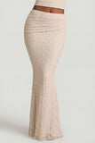 Draped Low Rise Lace Maxi Skirt in Ivory