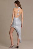 Embellished Plunge Asymmetric Maxi Dress in Diamond