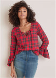 Plaid Ruffle Sleeve Top Racing Red Multi