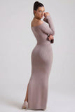 Ribbed Knit Off Shoulder Maxi Dress in Taupe