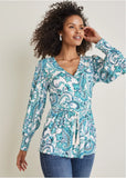 Balloon Sleeve Wrap Front Top Blue Paisley With Border