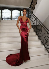 Love Affair Satin Gown with Ruched Back Wine