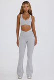 Soft Active V Waist Pocket Flared Leggings in Grey Marl