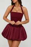 Halterneck Lace Up Bubble Hem Corset Micro Mini Dress in Berry Red