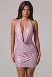 Embellished Cowl Neck Low Back Mini Dress in Pink
