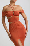 Slinky Jersey Cut Out Halterneck Gown in Burnt Orange