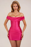 Satin Off Shoulder Draped Mini Dress in Hot Pink