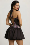 Halterneck Lace Up Bubble Hem Mini Dress in Black Floral Print