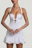 Bow Detail Halterneck Bubble Hem Mini Dress in White