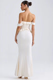 Off Shoulder Ruffle Trim Gown in Ivory