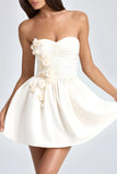 Bandeau Floral Appliqué Corset Mini Dress in Ivory