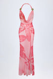 Cowl Neck Hardware Detail Maxi Dress in Pink Orchid Print