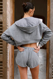 Terry Cotton Zip Up Cropped Hoodie in Dark Grey