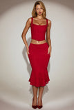 Lace Mid Rise Fluted Midi Skirt in True Red