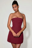 Foldover Neck Strapless Structured A Line Mini Dress in Wine Red