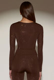 Embellished Crew Neck Long Sleeve Top in Chocolate Brown