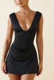 Draped Open Back A Line Mini Dress in Black