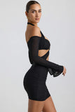 Off Shoulder Ruched Cut Out Mini Dress in Black