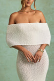 Bouclé Off Shoulder Maxi Dress in White