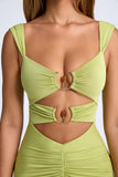 Modal Ruched Hardware Detail Cut Out Midaxi Dress in Olive Green