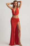 Mid Rise Split Maxi Skirt in Chilli Red